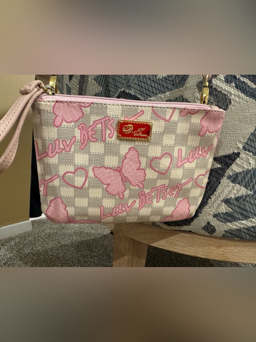 LUV Betsey by Betsey Johnson Pink Butterfly Hearts Wristlet/Canvas Crossbody Bag